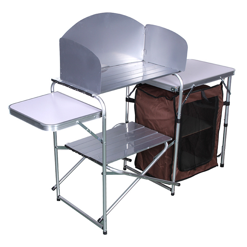 Outdoor Camping Double-decker Storage Rack Mobile Barbecue Table