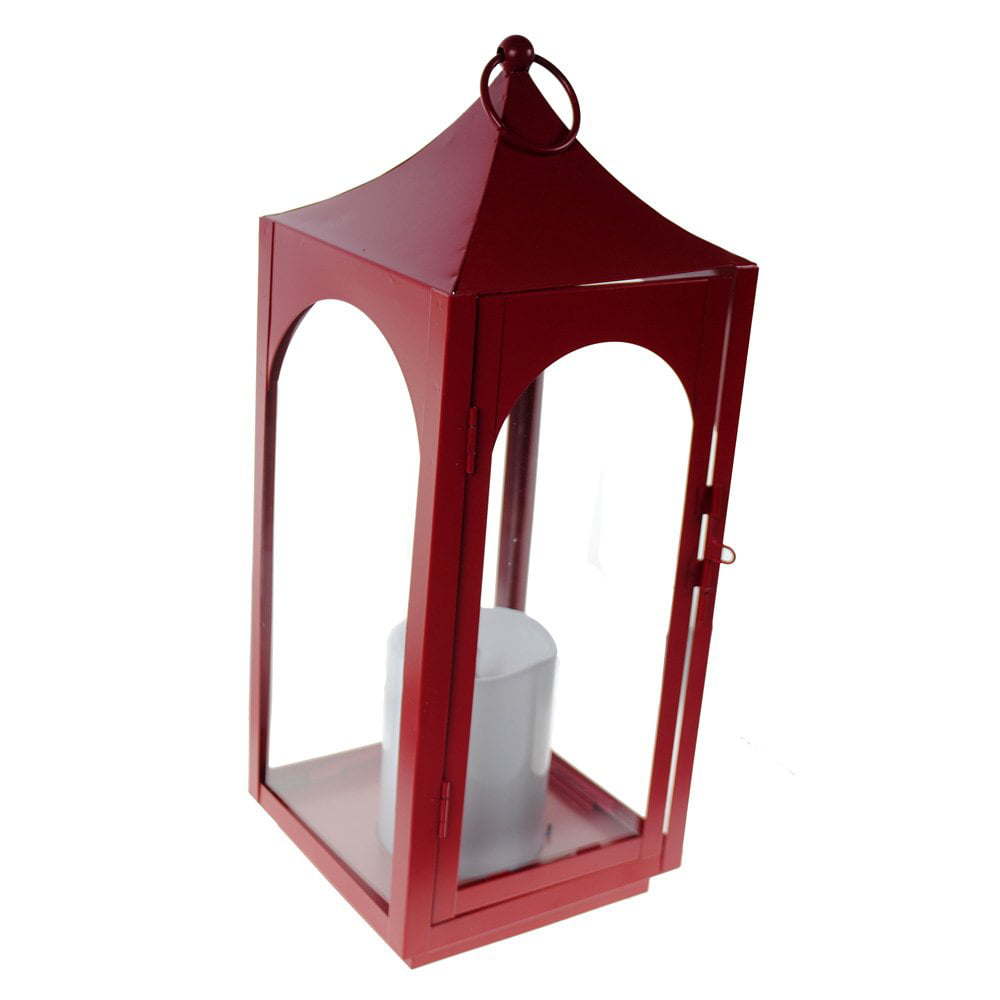 Shop4Omni 15 Inch Decorative Lantern Centerpiece with Flickering LED Candle / Red